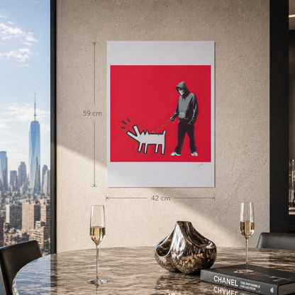 Banksy Barking Dog (Rood) Lithografie Arches 300gsm 42x59 cm