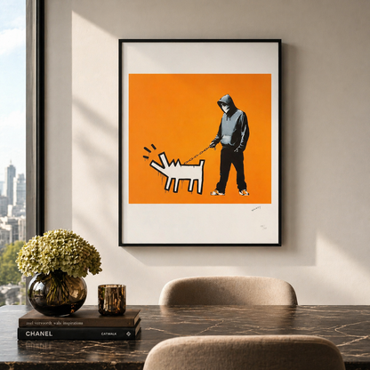 Banksy Barking Dog (Oranje) Lithografie Arches 300gsm 42x59 cm