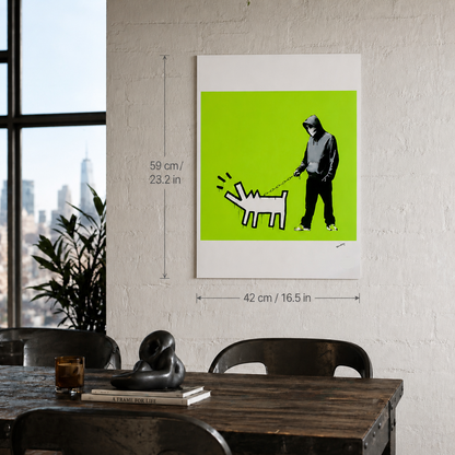 Banksy Barking Dog (Lichtgroen) Lithografie Arches 300gsm 42x59 cm