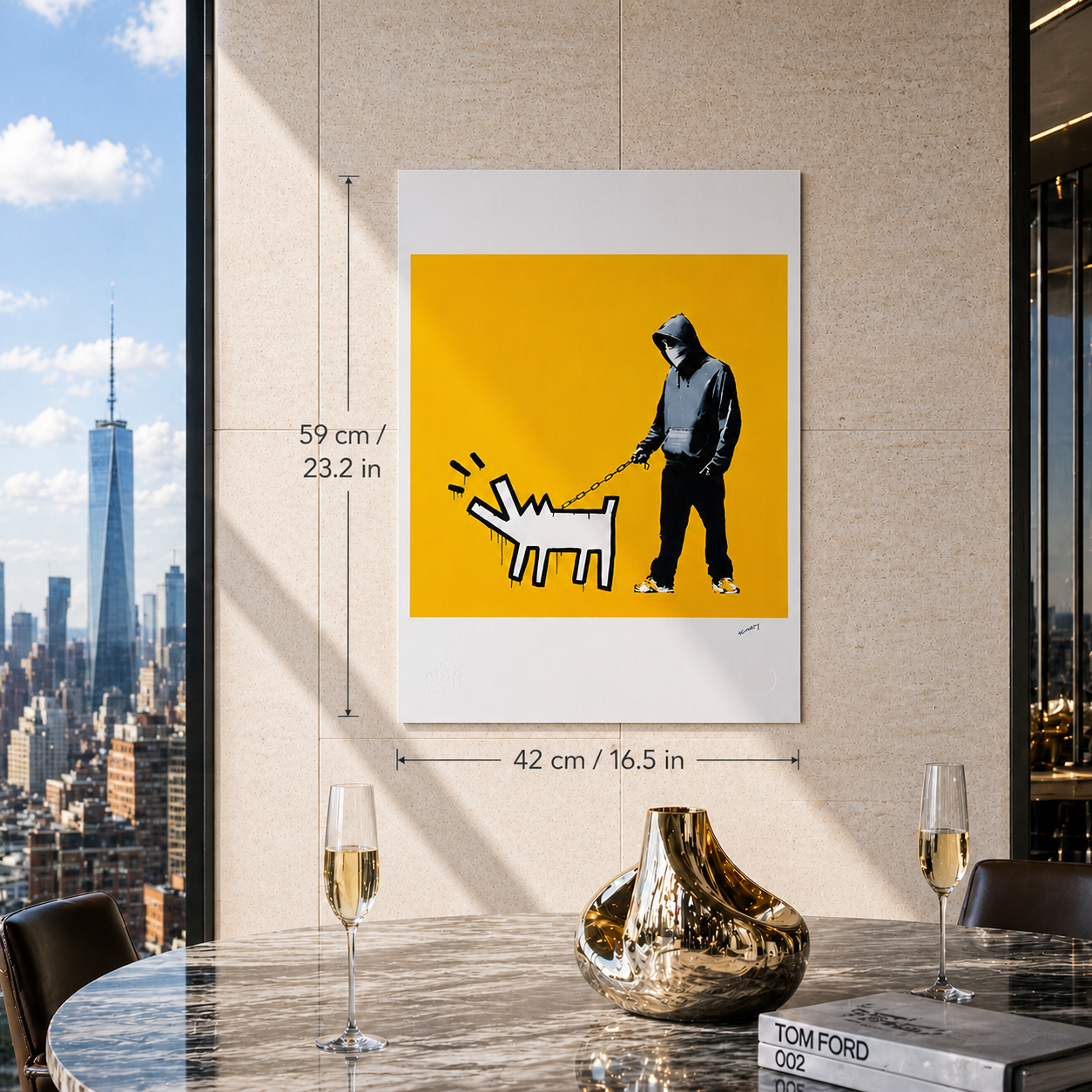 Banksy Barking Dog (Okergeel) Lithografie Arches 300gsm 42x59 cm