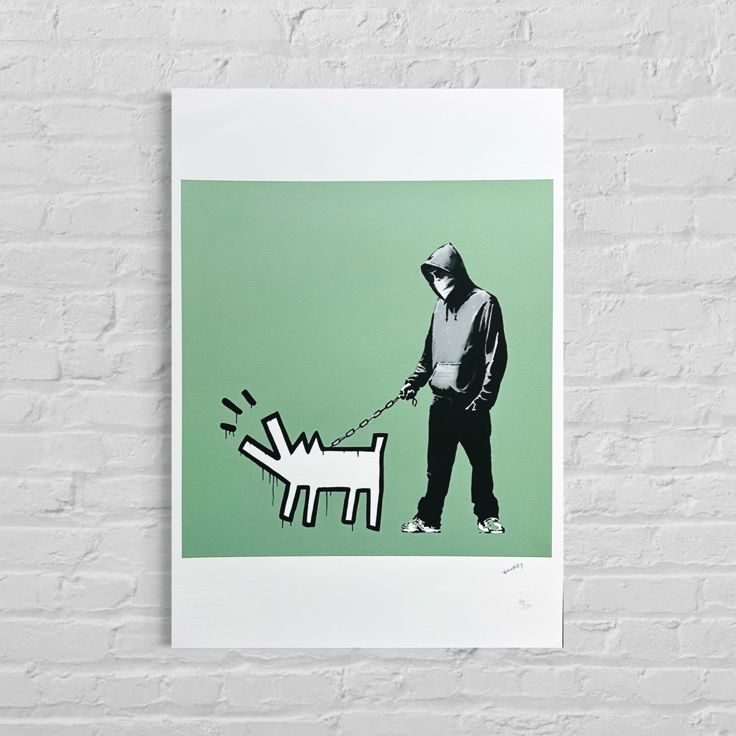 Banksy Barking Dog (Groen) Lithografie Arches 300gsm 42x59 cm