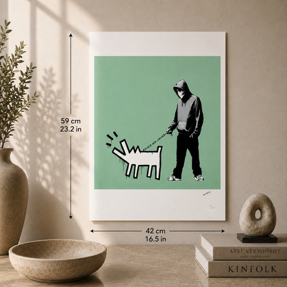 Banksy Barking Dog (Groen) Lithografie Arches 300gsm 42x59 cm